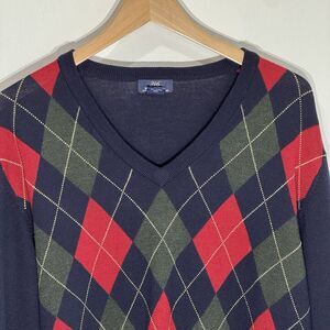 *Brooks Brothers Argyle Sweater 100% Fine Merino Wool V-Neck Size XL Preppy Blue